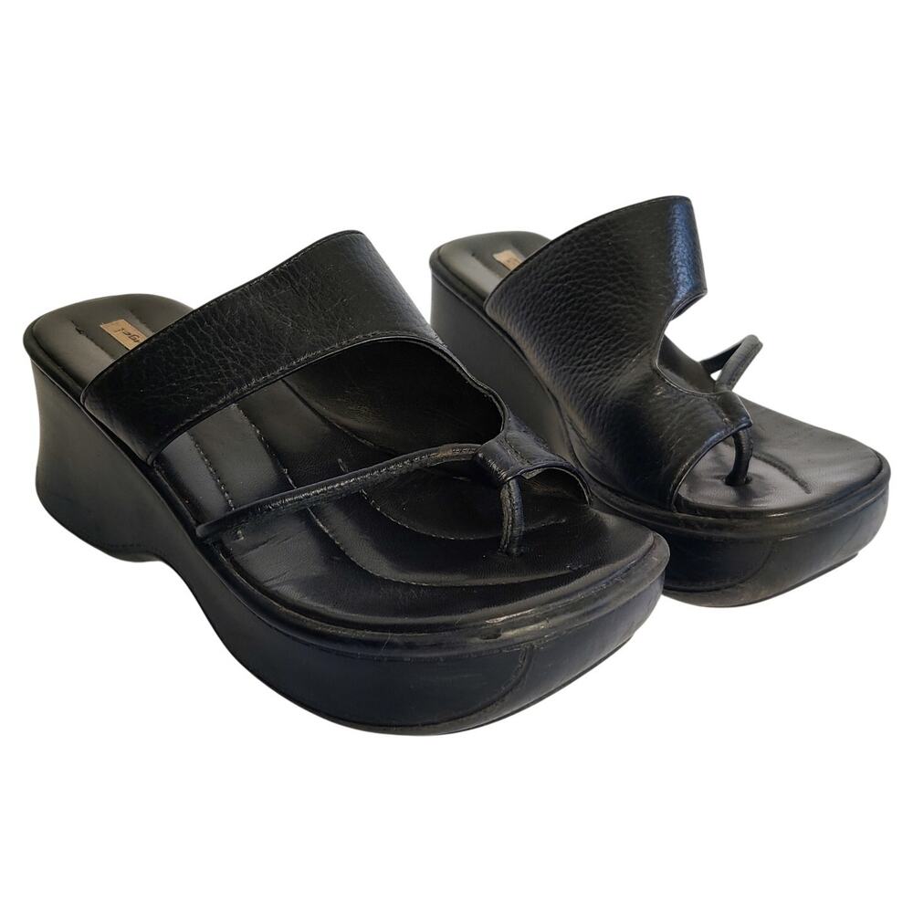 Vintage Y2K Made in Portugal Black Leather Chunky Platform Sandals 7.5 Toe Loop